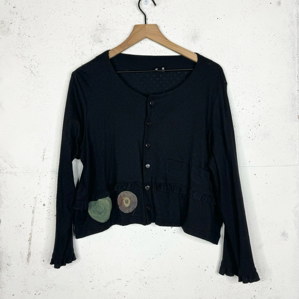 Bluefish Cotton Wool Black Cardigan Floral Patch Sweater